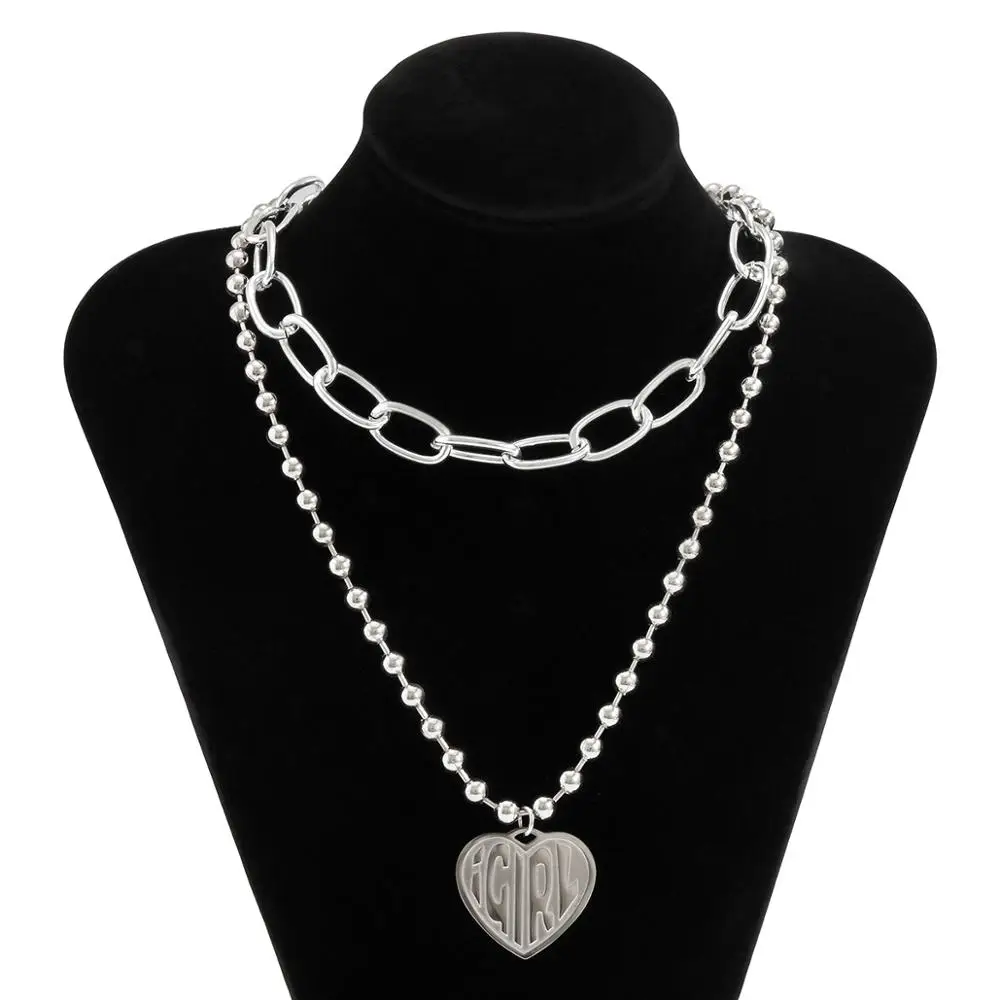 

IngeSight.Z Multi Layered Silver Color Beaded Choker Necklace Vintage Carved Coin Love Heart Pendant Necklaces for Women Jewelry