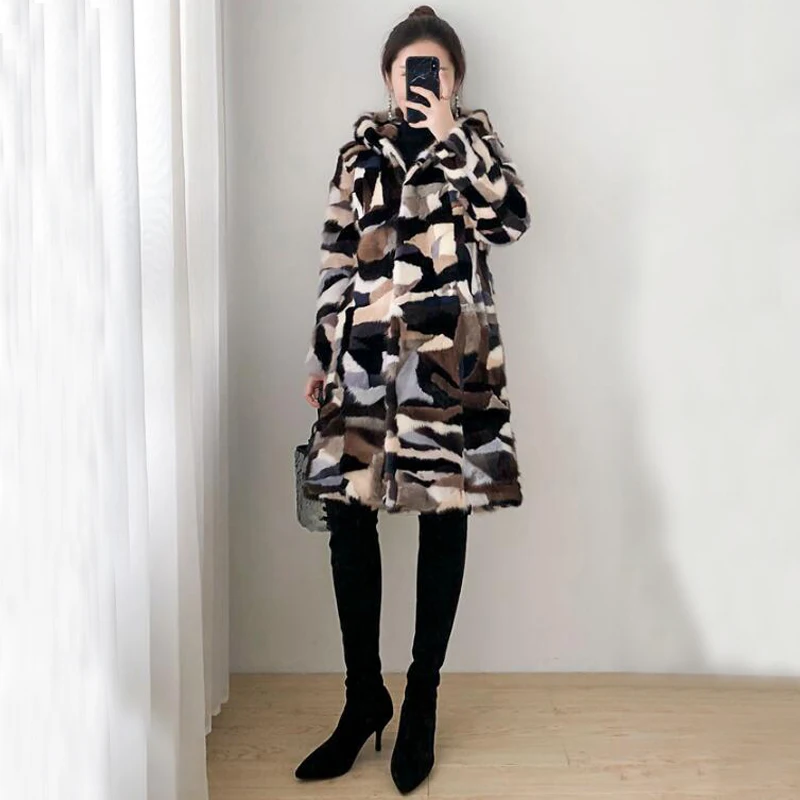 Женское длинное меховое пальто с капюшоном зимнее теплое - Цена: 35871