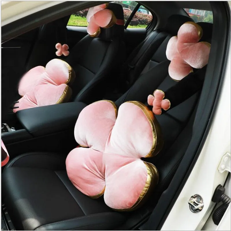 

Car creative headrest lumbar cushion big backrest car clover elegant white pink four-leaf clover car neck pillow decoration