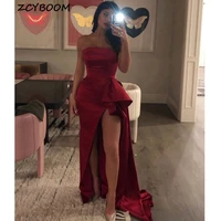 sexy side split prom dress 2021 women formal party night vestidos de gala dark red sleeveless satin mermaid long evening gowns