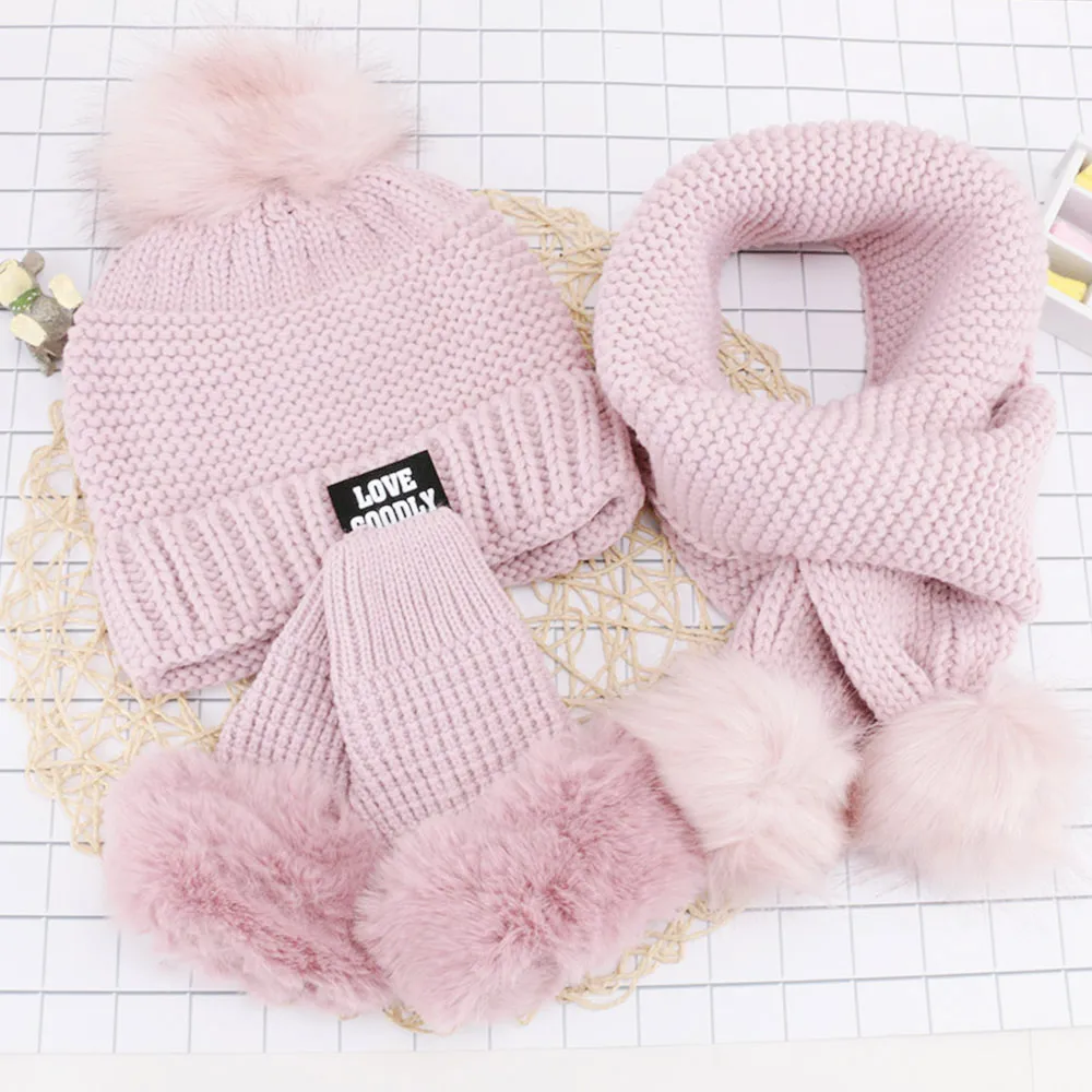 Женская Зимняя шерстяная вязаная теплая шапка воротник наборы перчаток милые