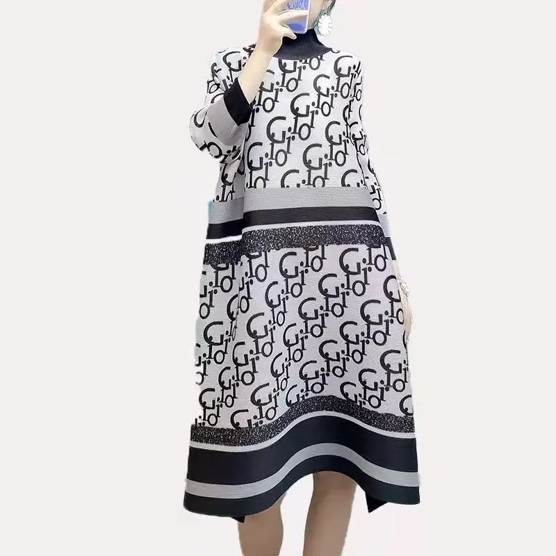 

Модное платье в стиле ретро для снятия морщин и уменьшения старения, элегантное свободное платье большого размера с принтом в европейском стиле, осень 2021