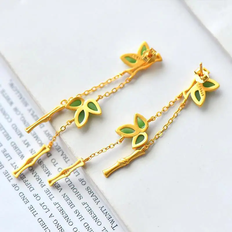 

Jasper Eardrops Long Classical Chinese Style Bamboo Earrings S925 Sterling Silver Gold-Plated Jade Bamboo Earrings Elegant