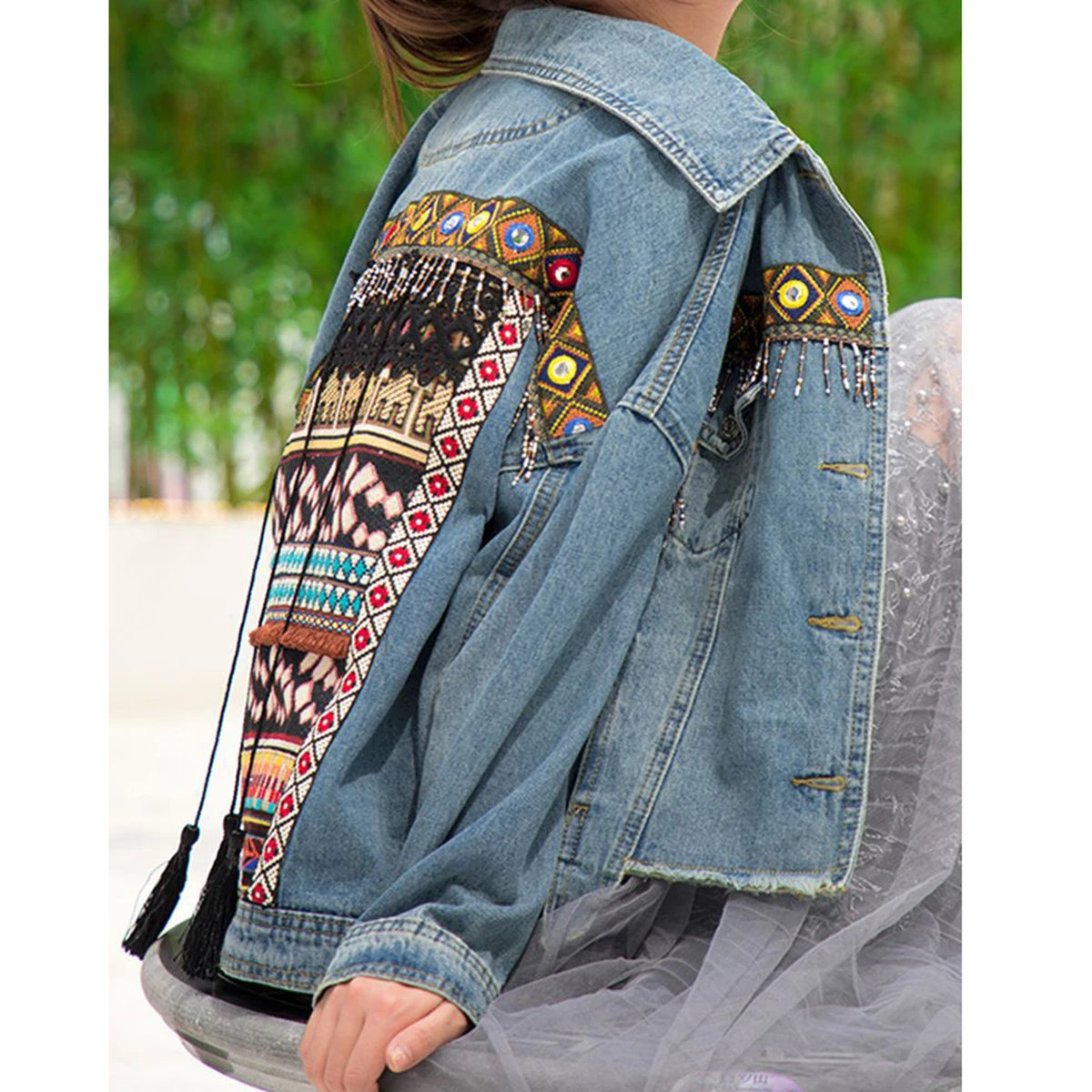 

Jastie Bohemian Denim Jacket Vintage Embroidered Outerwear Long Sleeve Oversized Loose Women Jacket Coat Winter Outer Coat Top