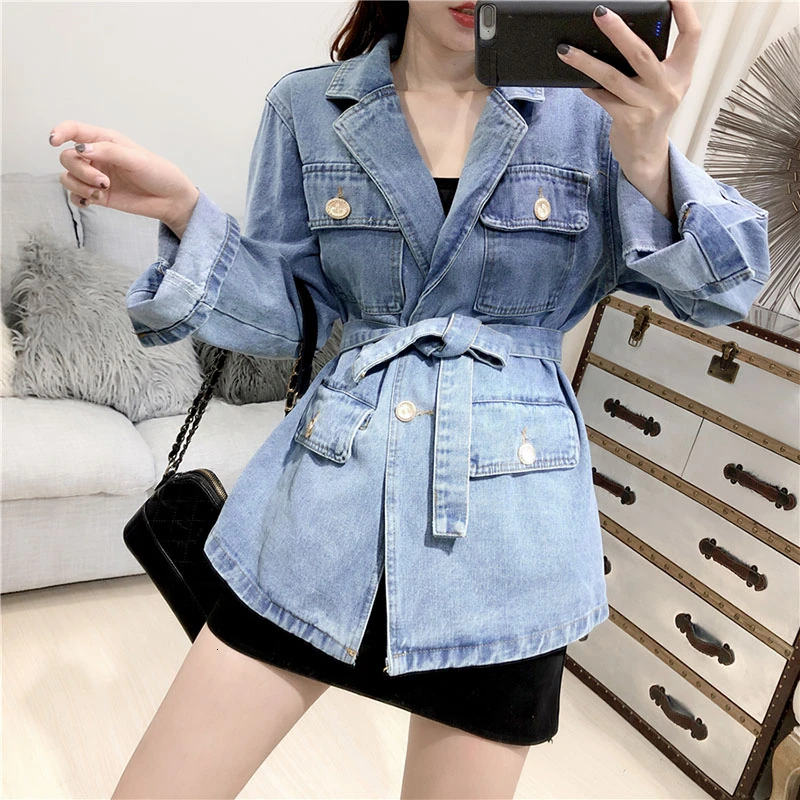 Женская ВИНТАЖНАЯ ДЖИНСОВАЯ КУРТКА с поясом Однотонная синяя свободная куртка