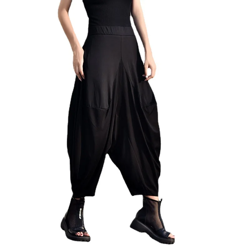 

SuperAen 2021 Summer Slim All Match High Waist Elastic Black Loose Plus Size Draping Fashion Harem Pants Women