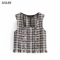 spring womens vest crop tops knitted tanks mujer sleeveless plaid camis female sexy chic square collar cropped vintage za trf