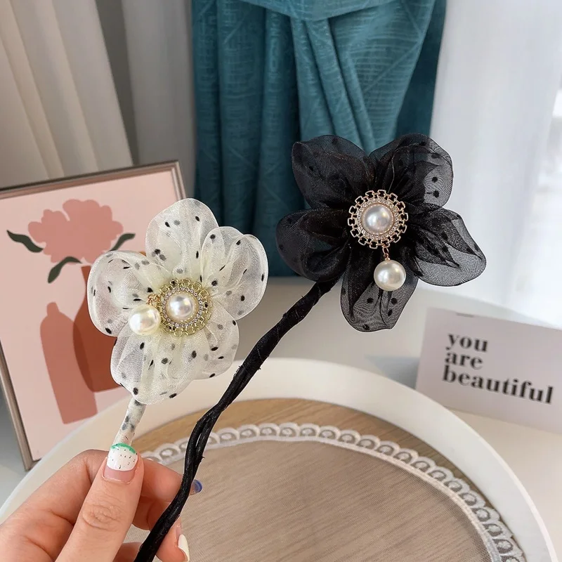 

Korean Fashion New Hairpin Bun Lace Flower Pearl Braided Hair Style Temperament Women Girls Hair Head Rope Hair Accessories Gift