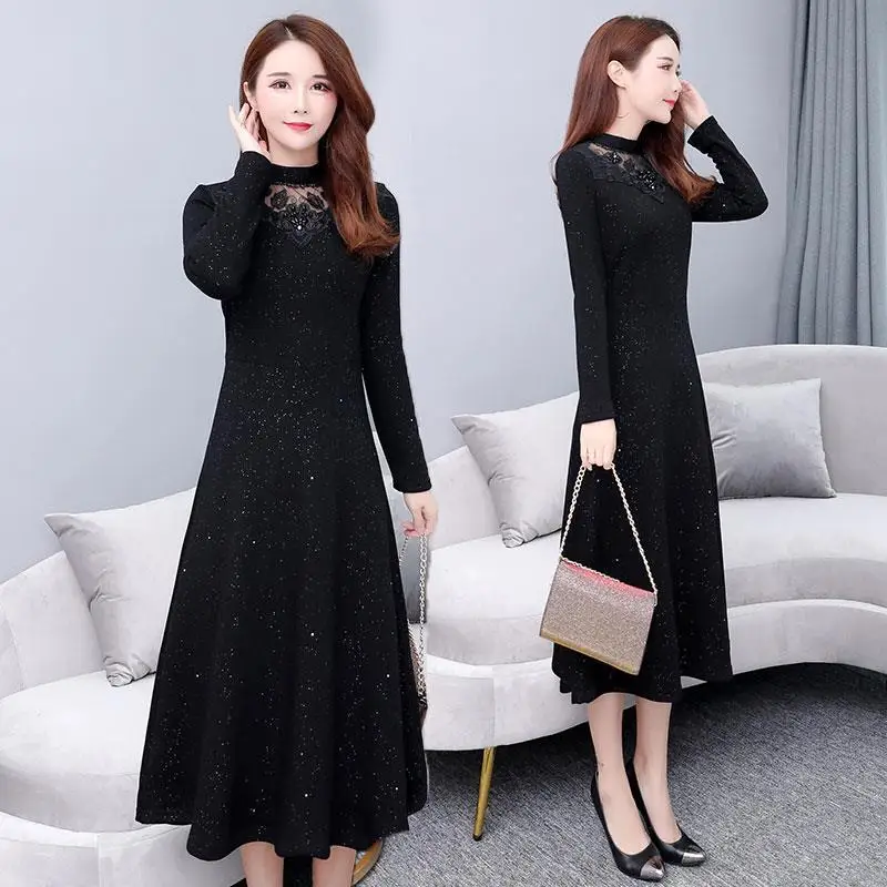 

2021 Women Solid Print Long Sleeve Dress Female V Neck Casual Elegant Vintage Plus Size Ladies Hollow Out Dresses Streewear H381