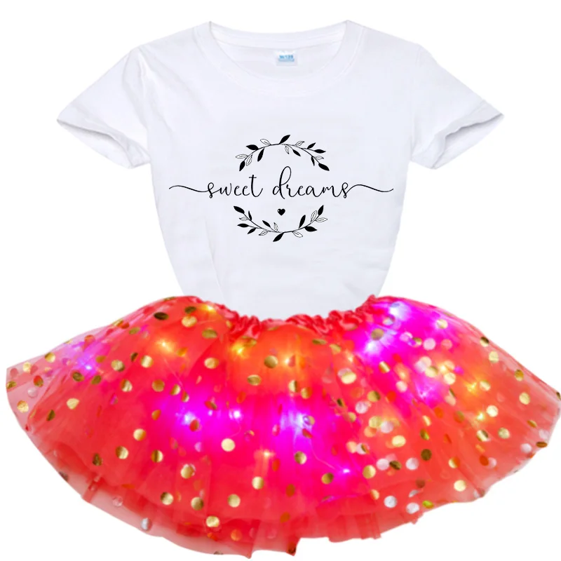

Girl Short Sleeve Letter Printing T-shirt+Sequin Skirt Set Summer Kids Girls A Birthday Present Personalized Customization Dress