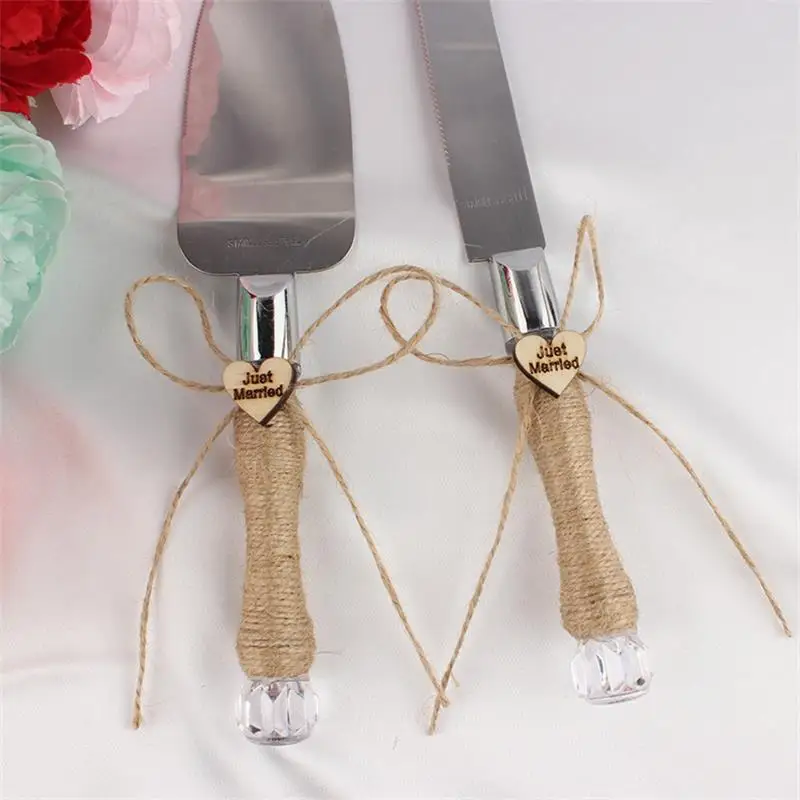 2 шт. торт Ножи комплект лопат Свадебная вечеринка из натурального джута ручки