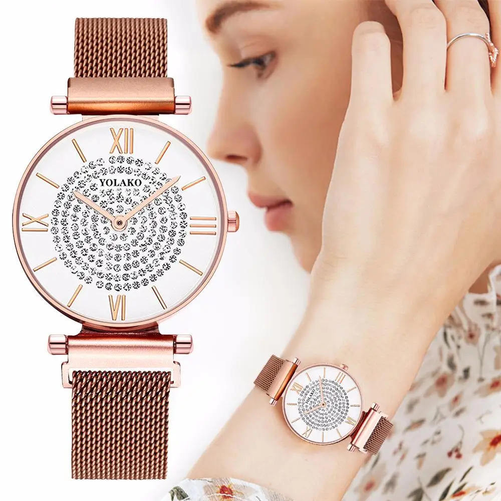 

Часы женские кварцевые с магнитной застежкой, люксовые Роскошные дамские часы с браслетом из нержавеющей стали с сетчатым ремешком, YOLAKO