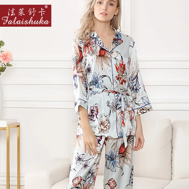 Elegant fresh flower 100% natural silk pajamas sets women sleepwear short sleeves+cropped trousers pure silk womens pyjamas