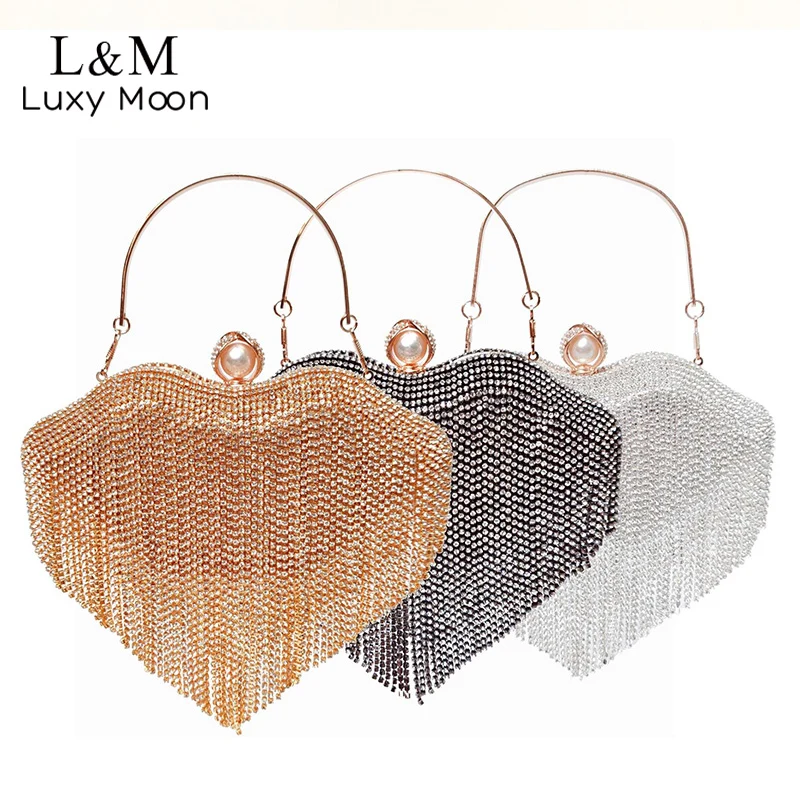 

Women's Tassel Diamond Party Clutch Bag Fashion Lips Shape Luxury Designer Handbag Metal Handle Wedding Evening Bag Gold X823H