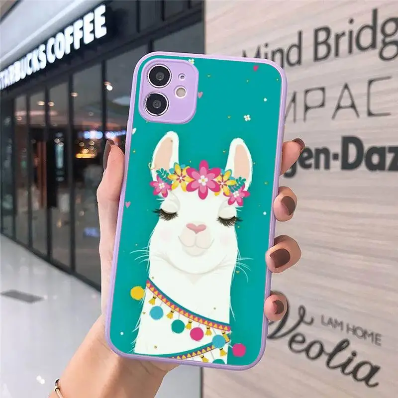 

Cute Llama Alpaca Animals Cartoon Phone Case For iPhone 12 11 Mini Pro XR XS Max 7 8 Plus X Matte transparent Purple Back Cover