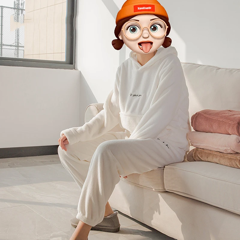 Women Flannel Winter Pajamas Sets Soft Lingerie Top Long Sleeve O-neck Full T-Shirt & Pants Homewear Warm Underwear