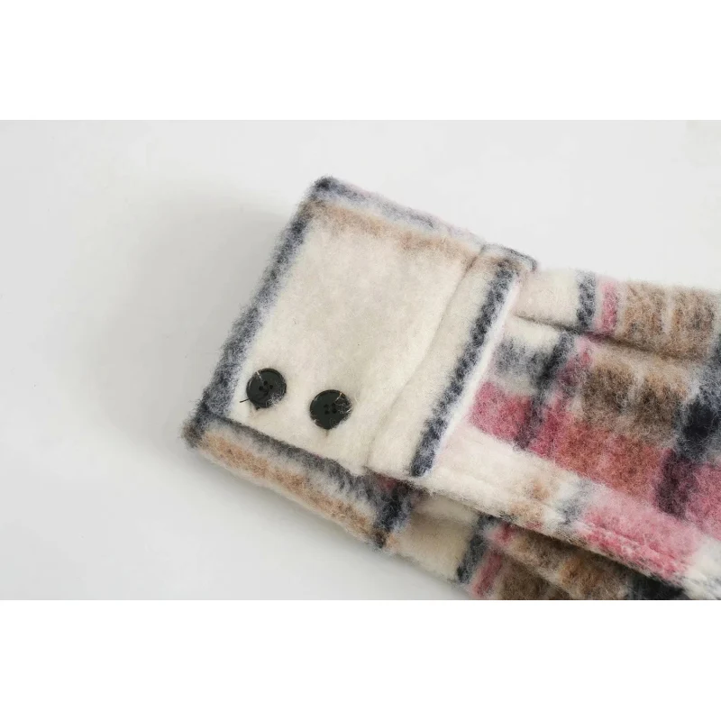 

Sweet Chic Pocket Pink Plaid Woolen Jacket Women Fashion Turn-down Collar Long Sleeve Coat Female Casual Outerwear