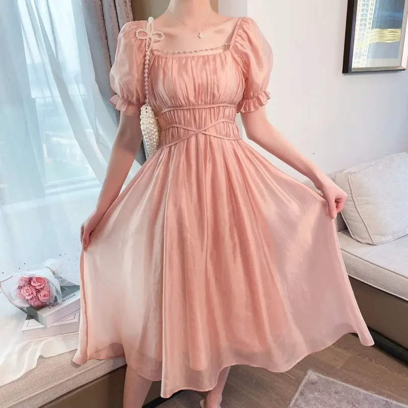 

Платье женское средней длины с коротким рукавом, однотонное милое вечервечерние, в Корейском стиле