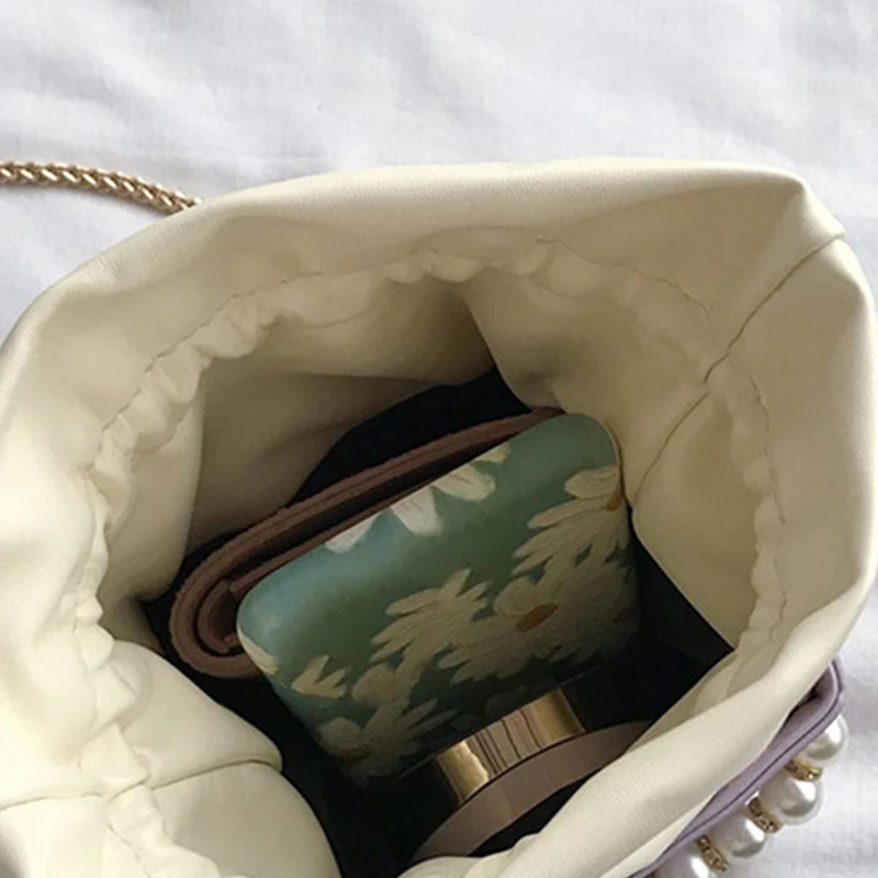 

Box Shape PU Leather Crossbody Bags for Women Drawstring Sweet Shoulder Handbags Pearl Handbag