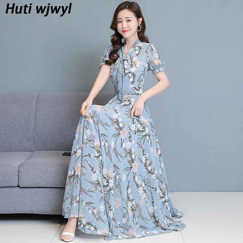

2022 Floral Boho Beach Pink Maxi Dresses Summer Chiffon Casual Vintage Long Sundress Women Bodycon Black Party Evening Vestidos