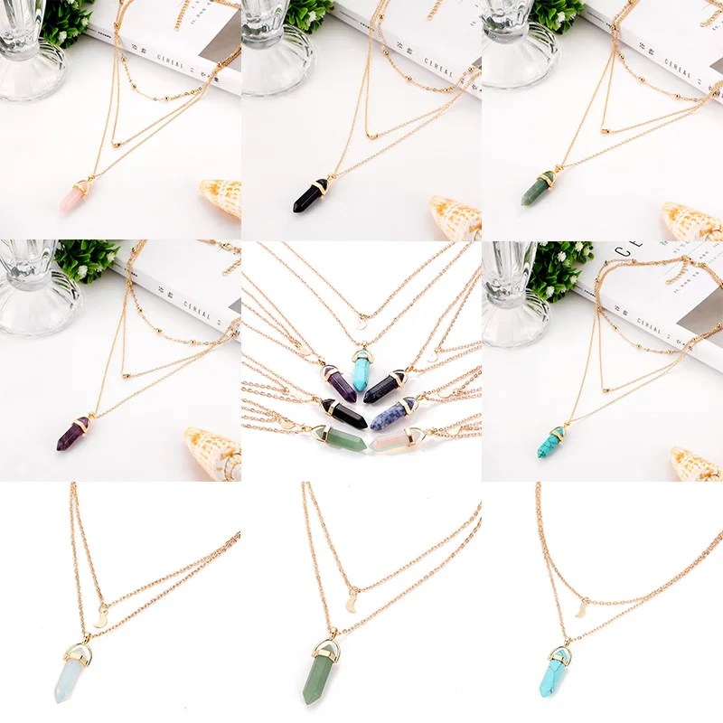 FENGLI шестиугольная колонна натуральный камень ожерелья опал красочные цепи кулон