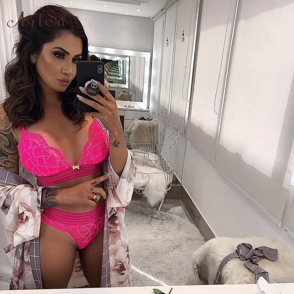 ArtSu Neon Green Lace нижнее белье комплект части на завязках сексуальный бюстгальтер и