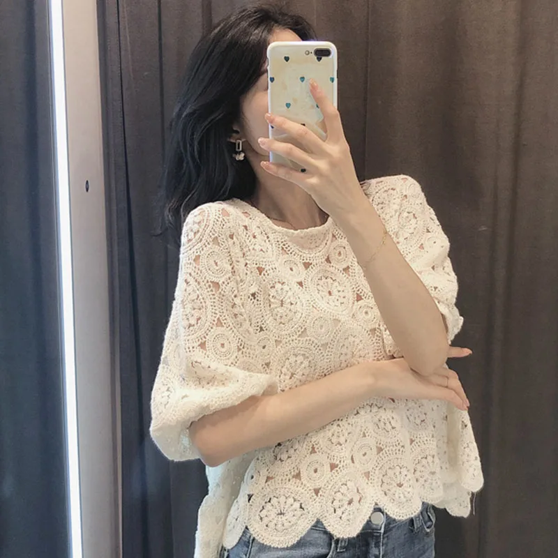 SESOAF Women Chic Lace Shirt Vintage Casual Floral Crochet Blouse Crop Fashion Elegant Hollow Out ladies tops Summer tunic | Женская