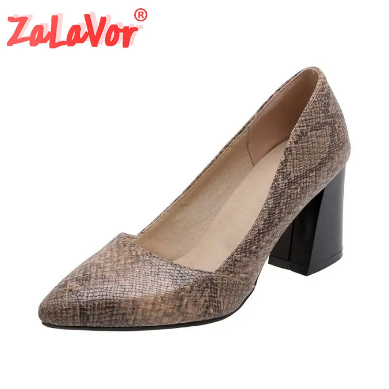 ZALAVOR Plus Size 32-43 Fashion Women Pumps Shoes New Design Snake Print Thick Heels Pointed Toe Casual Footwear | Обувь