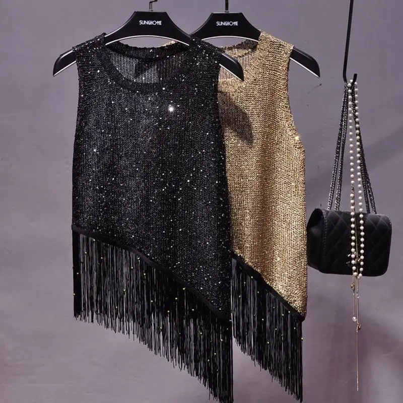 Вязаный жилет с блестками и кисточками золотыми нитями Мини рубашка без рукавов