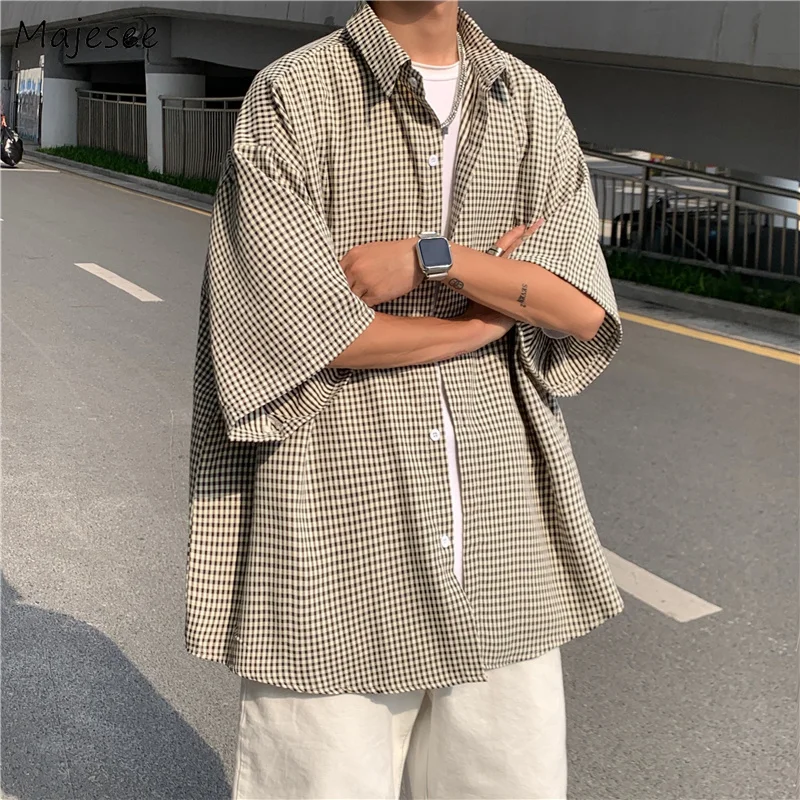 

Men Shirts Plaid Loose Half Sleeves Casual Summer All-match Tops Turn-down Collar Hip-hop Streetwear Vintage Chic Handsome Retro