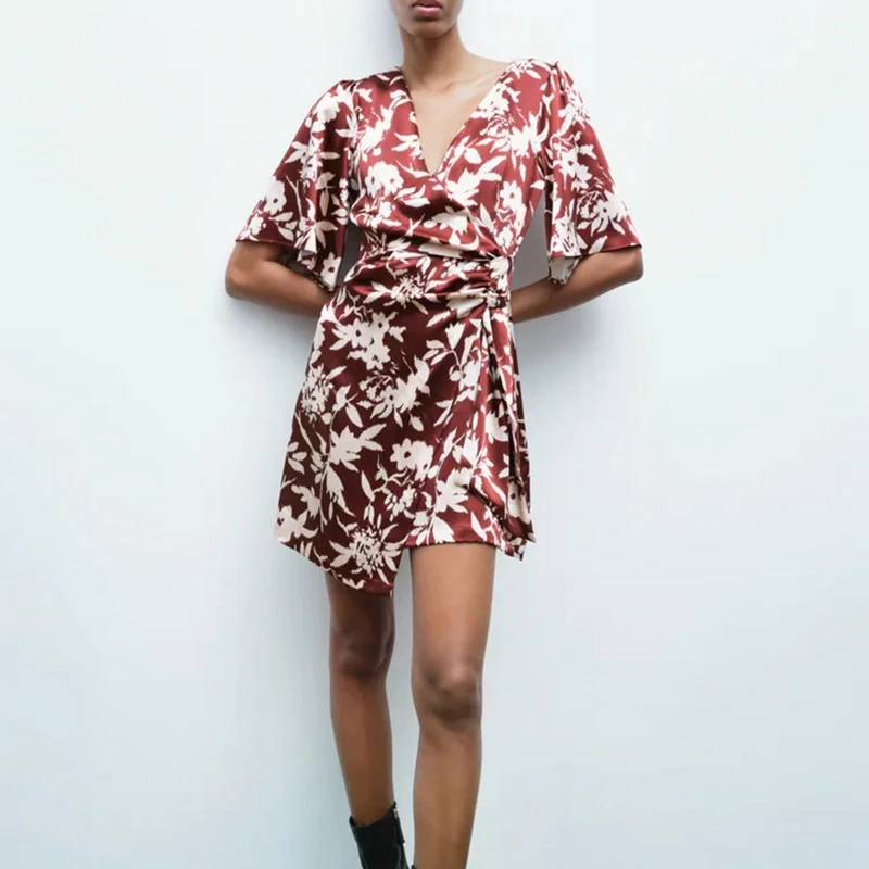 

Модное женское платье с расклешенными рукавами и цветочным принтом, элегантное мини-платье с V-образным вырезом и узлом для вечерние, женско...