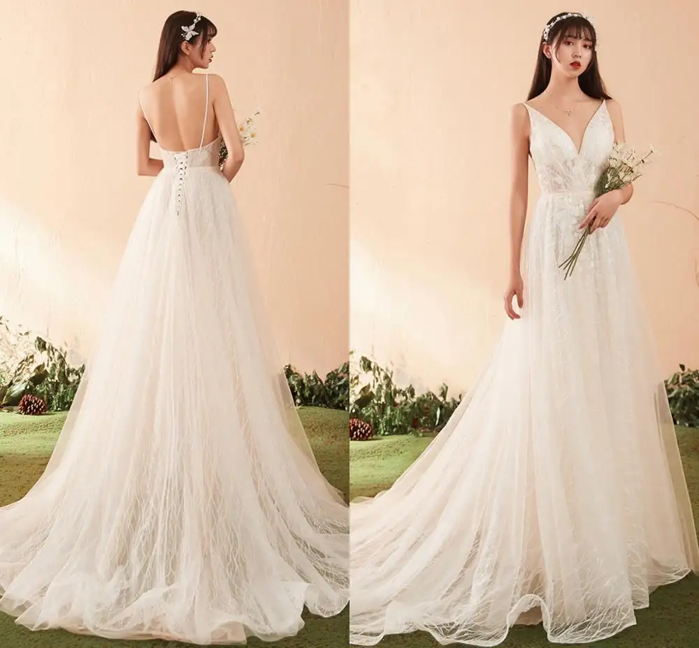 

Vestido de noiva элегантные кружевные свадебные платья цвета шампанского 2020 с v-образным вырезом на бретельках с аппликацией, фатиновые Свадебные ...