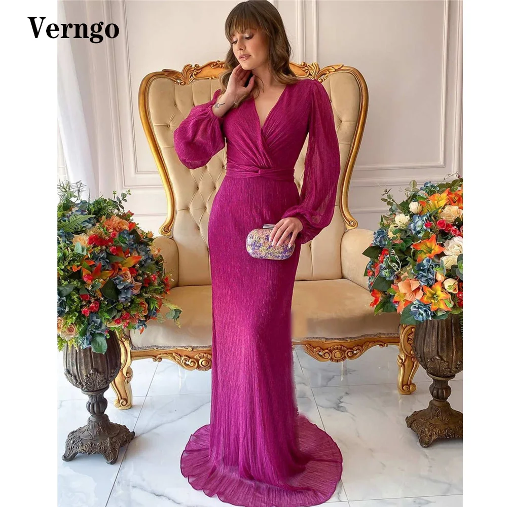 

Verngo 2021 New Dark Purple Evening Dresses Puff Long Sleeves V Neck Sweep Train Formal Prom Gown Women Occasion Dress Plus Size