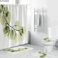 Green Plant Leaves Shower Curtain Set Bath Mats Rugs Waterproof Fabric Bathroom Curtains Flannel Toilet Cover Anti-skid Carpet