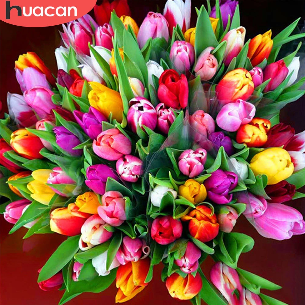 HUACAN Алмазная вышивка тюльпаны 5д Полная площадь/Круглый мозаика цветы декор для
