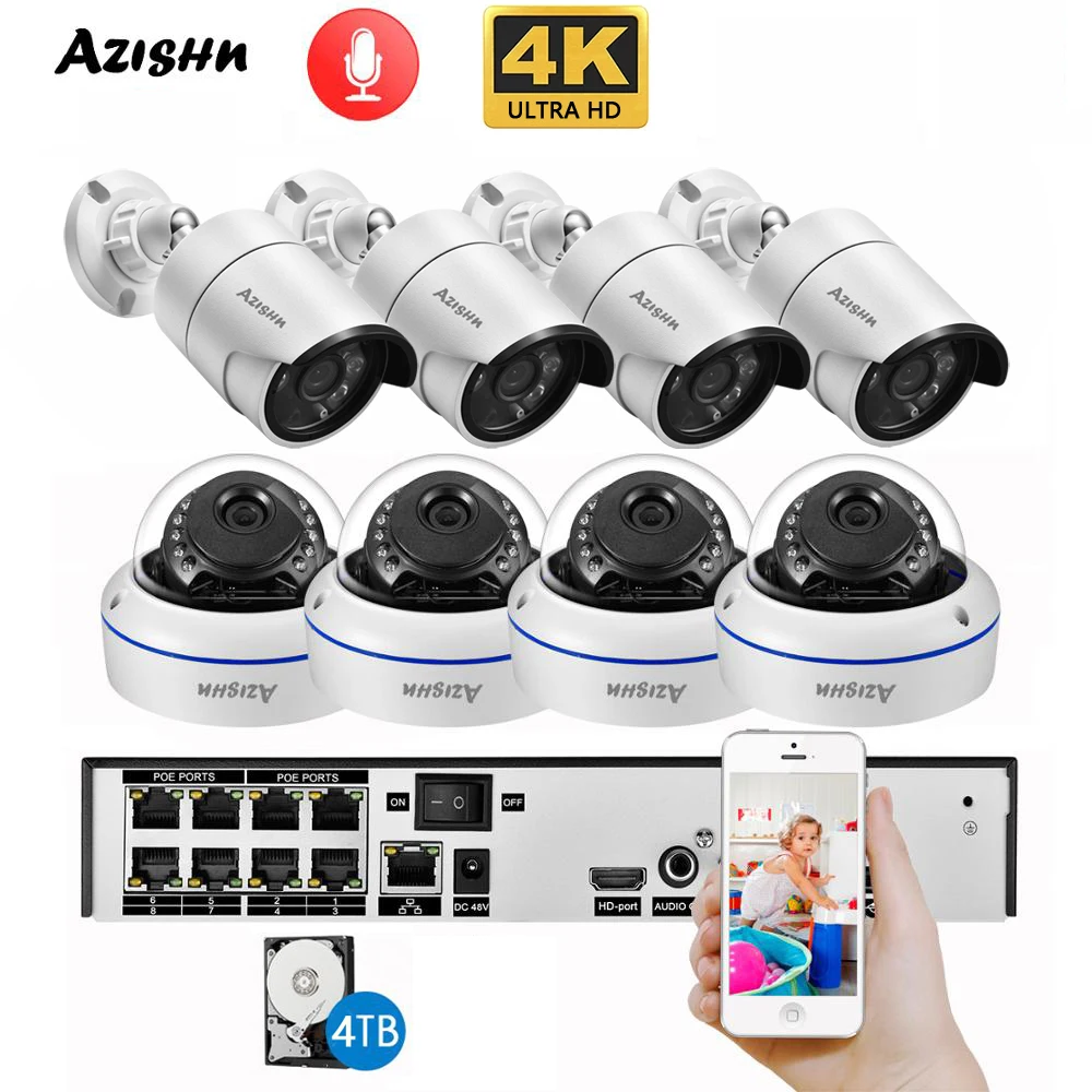 Купить Комплект охранной системы AZISHN 4K Ultra HD 8MP H.265 POE NVR, наружная и внутренняя IP-камера P2P, запись аудио и видео, семейная камера