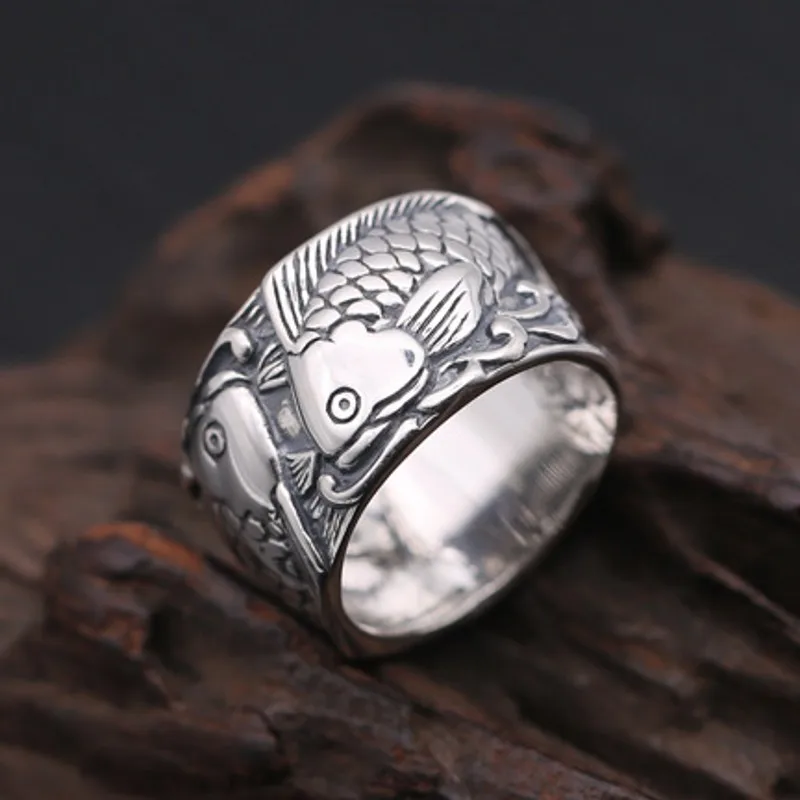 Мужское серебряное кольцо BOCAI настоящее чистое s925 пробы тайское с рыбами