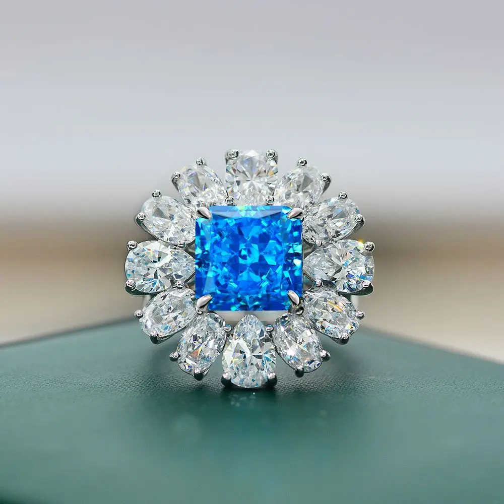 Женское кольцо с цветами Aquamrine Moissanite 100% оригинальное из стерлингового серебра 925