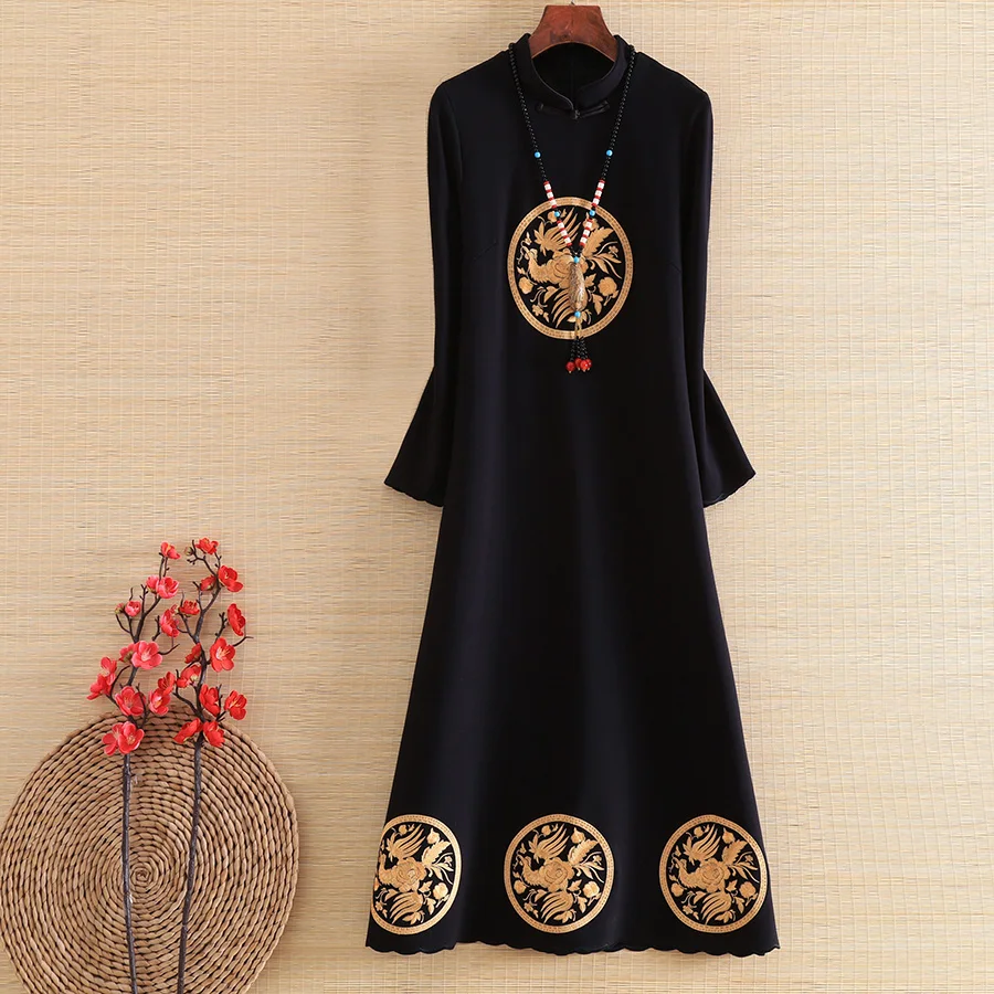 Новое Осеннее женское платье в стиле ретро с элегантной вышивкой тонкий