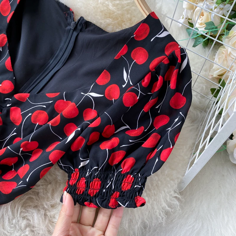 

2021 Summer Dress Women Short Sleeve Floral Print High Split Midi Party Dress Sexy V-neck French Style Elegant Femme Dress Robe