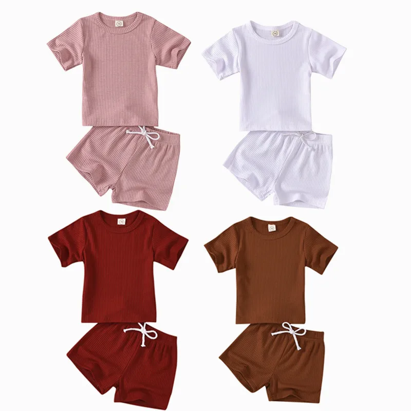 

Presale 2021 New Summer Solid Ribbed Short Sleeve T Shirt and Shorts Sets Cotton Baby Clothing Set Toddler Boys Girls Outfits