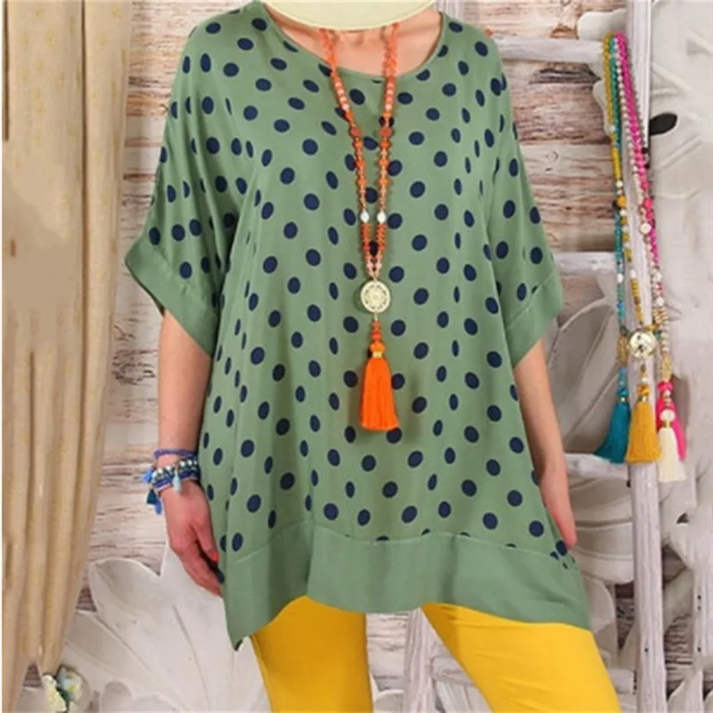 Женские повседневные свободные футболки в горошек с круглым вырезом длинные