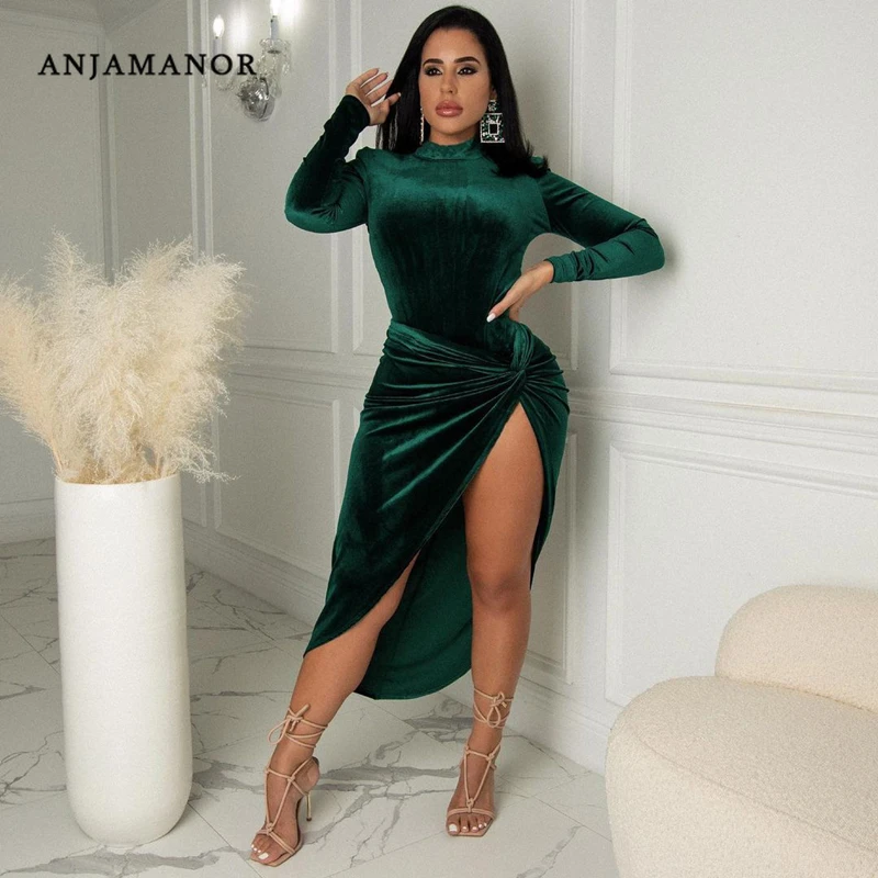 

ANJAMANOR Sexy 2 Piece Set Bodysuit Split Skirt Velvet Bodycon Dresses for Women 2021 Elegant Winter Party Club Outfits D74-DH48