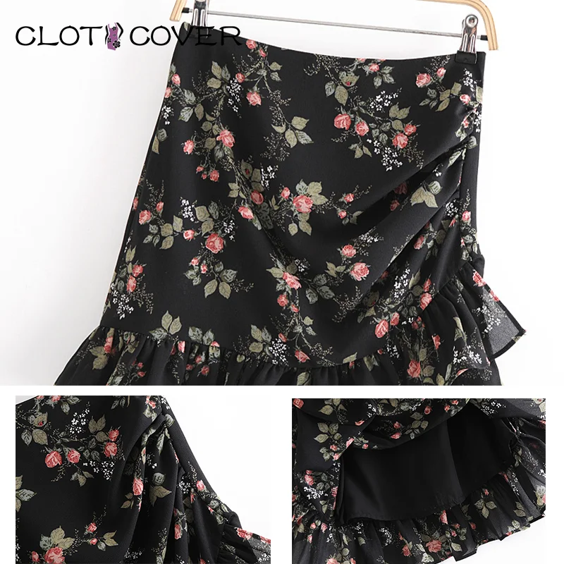 

New Summer Spring Women Flounced Sexy Mini Dress Black High Waist Vintage Floral Print Pleated Skirt Chiffon Ruffle Patchwork