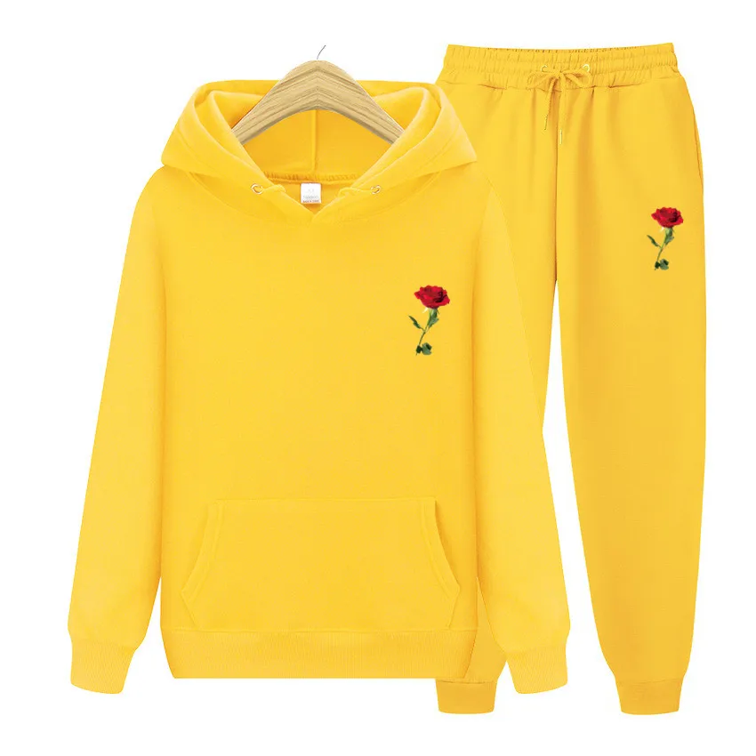 

Men's Sets Hoodies+Pants Autumn Winter Hooded Sweatshirt Sweatpants Fashion Slim Fit Men Set Rose print Hip Hop Pullover Hoody