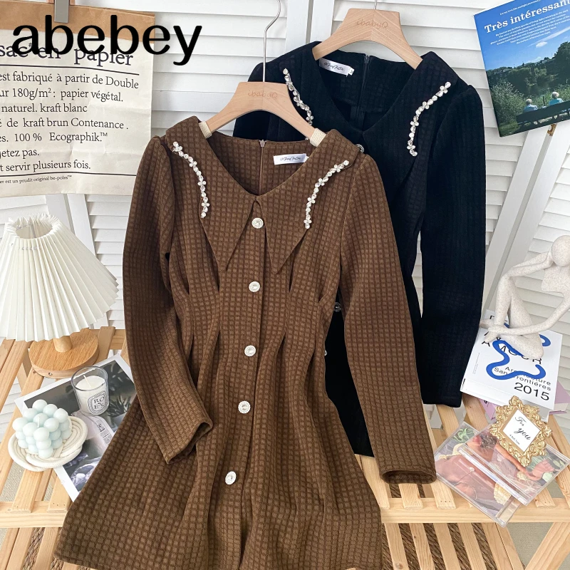 

Korean doll collar long sleeve corduroy Dress diamonds decoration single breasted high waist short Dress 2022 New Spring Autumn