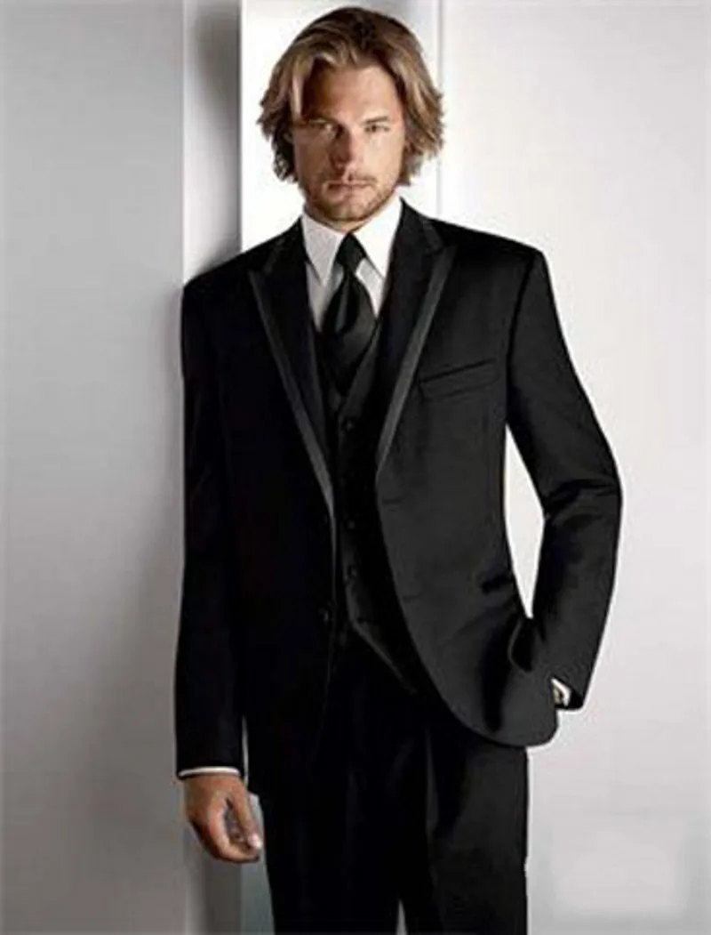 

Новый дизайн, Черные смокинги для жениха с двумя пуговицами, мужские свадебные костюмы для шафера с пиковым лацканом (пиджак + брюки + жилет + ...