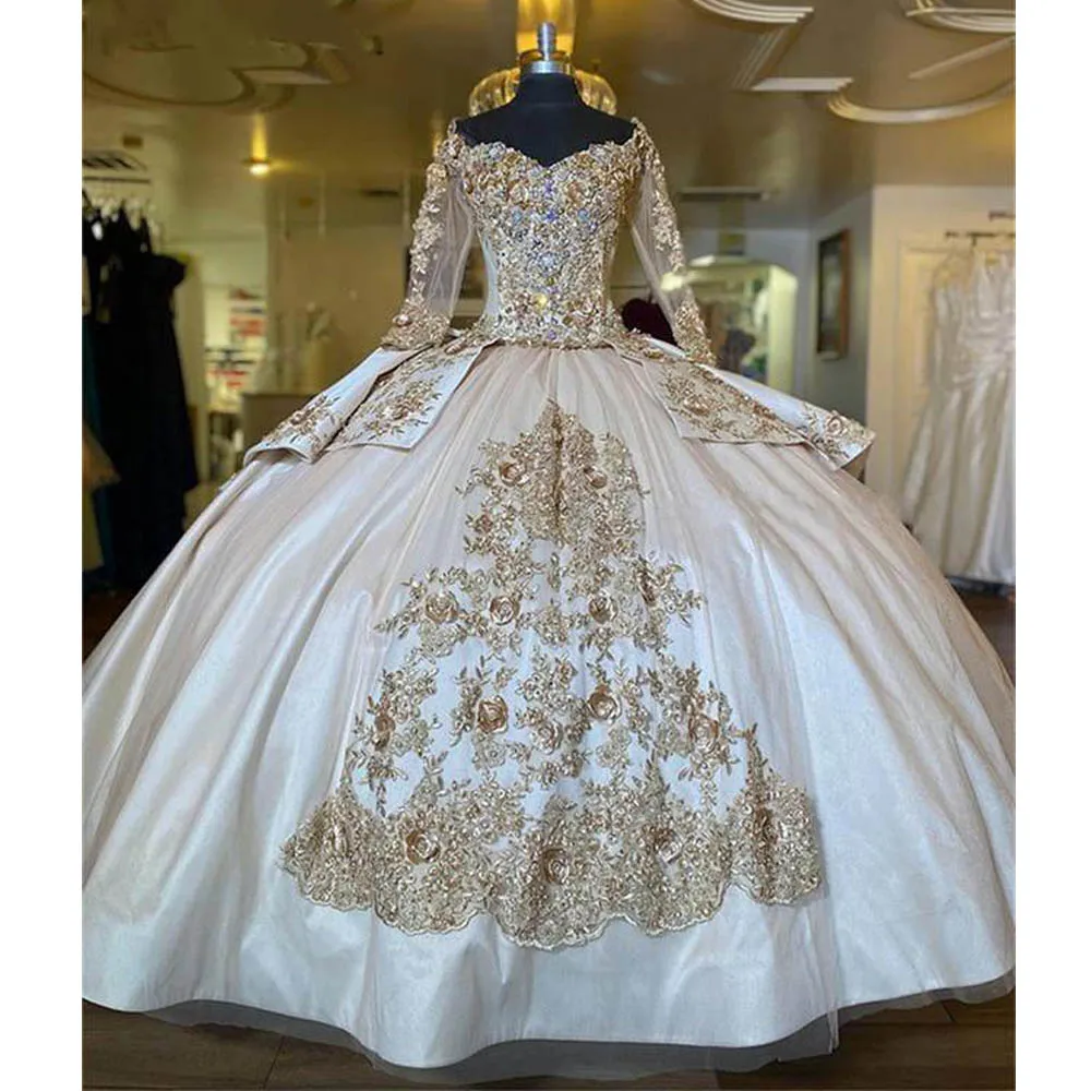 

Vintage Court Champagne Long Sleeve Quinceanera Dresses 2022 Ruffles Ball Gown Formal Prom Party Dress Lace Up Princess Sweet 15