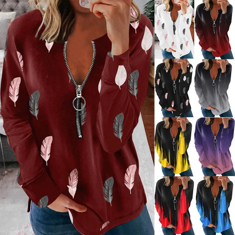 

W Autumn And Winter 2021 New V-neck Zipper Feather Print Long Sleeve Loose T-shirt Tshirt Women Printed T-shirt