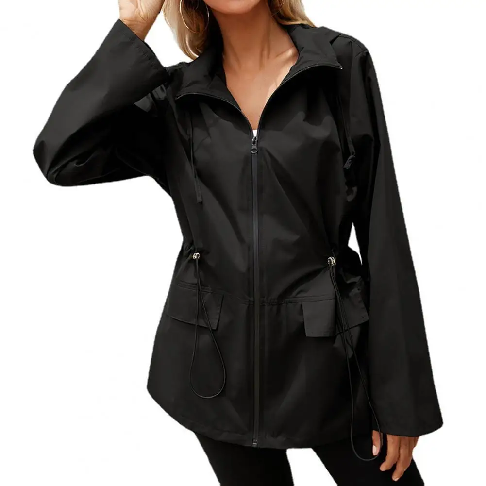 

2021 Women Autumn Winter Mountaineering Jacket Hooded Zipper Lapel Long Sleeve Drawstring Flap Pockets Hiking Raincoat